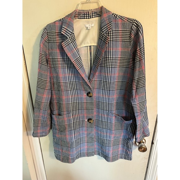 J. Jill Jackets & Blazers - J. Jill Womens Blue Red Plaid Longline Cotton Blazer Jacket Size S BatleyMult